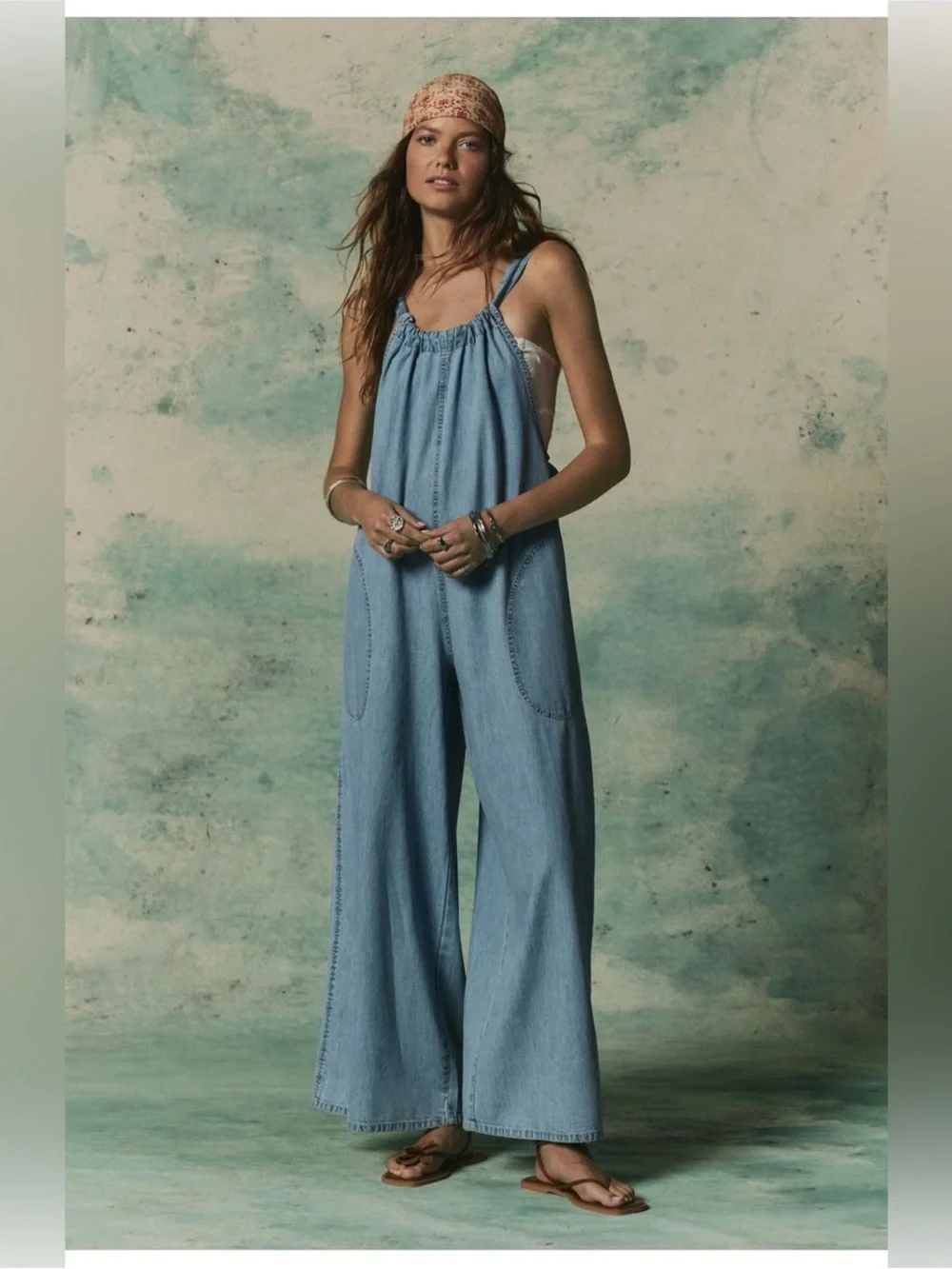 Free People Light Blue Wide-Leg Denim Jumpsuit